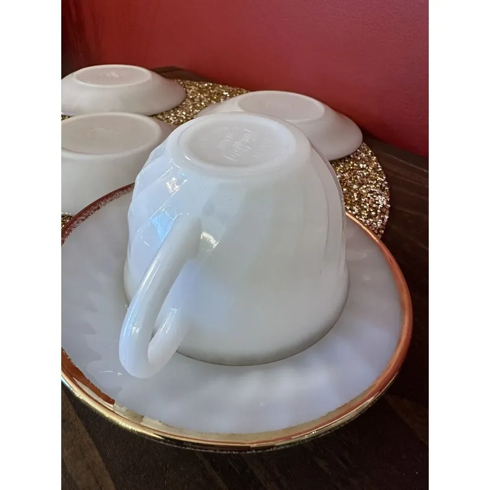 Vintage Fire King Oven Ware White Swirl Milk Glass‎ Gold Rim 2 Cup & 5 Saucers
